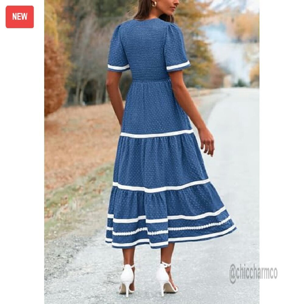 Women's Casual Maxi Dress Short Sleeve V Neck Smocked Flowy Beach - Picture 3 of 8